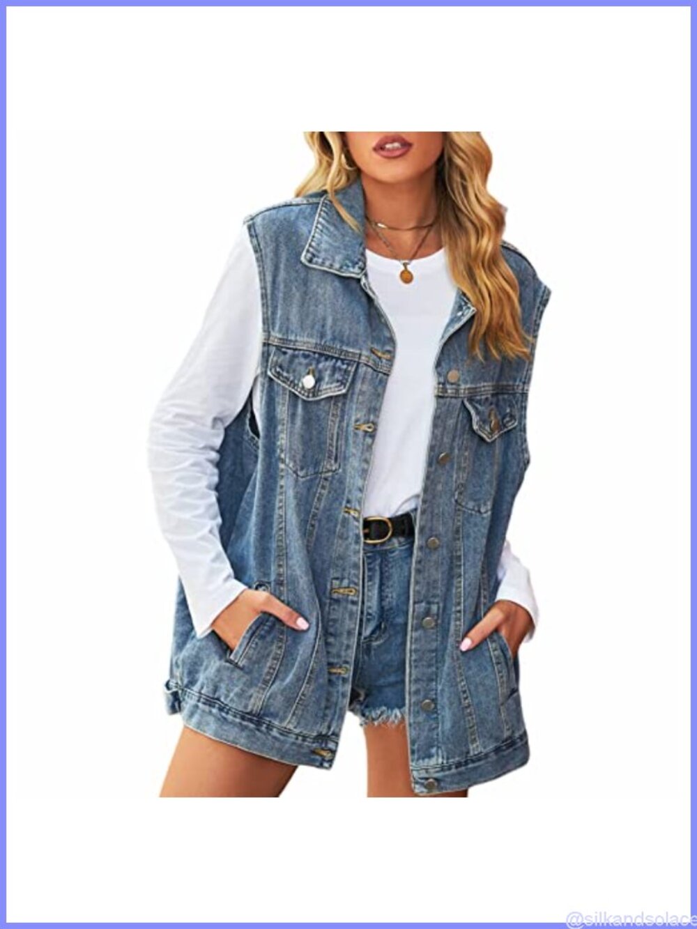Oversized Distressed Denim Vest Sleeveless Jean Jacket V-Neck Button Front